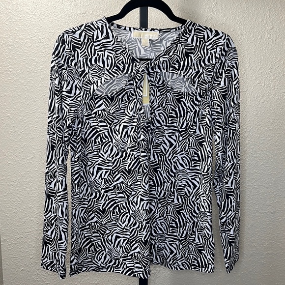 Michael Michael Kors Womens Printed Twist Keyhole stretchy top LG & SM BLK/WHT - Picture 4 of 9